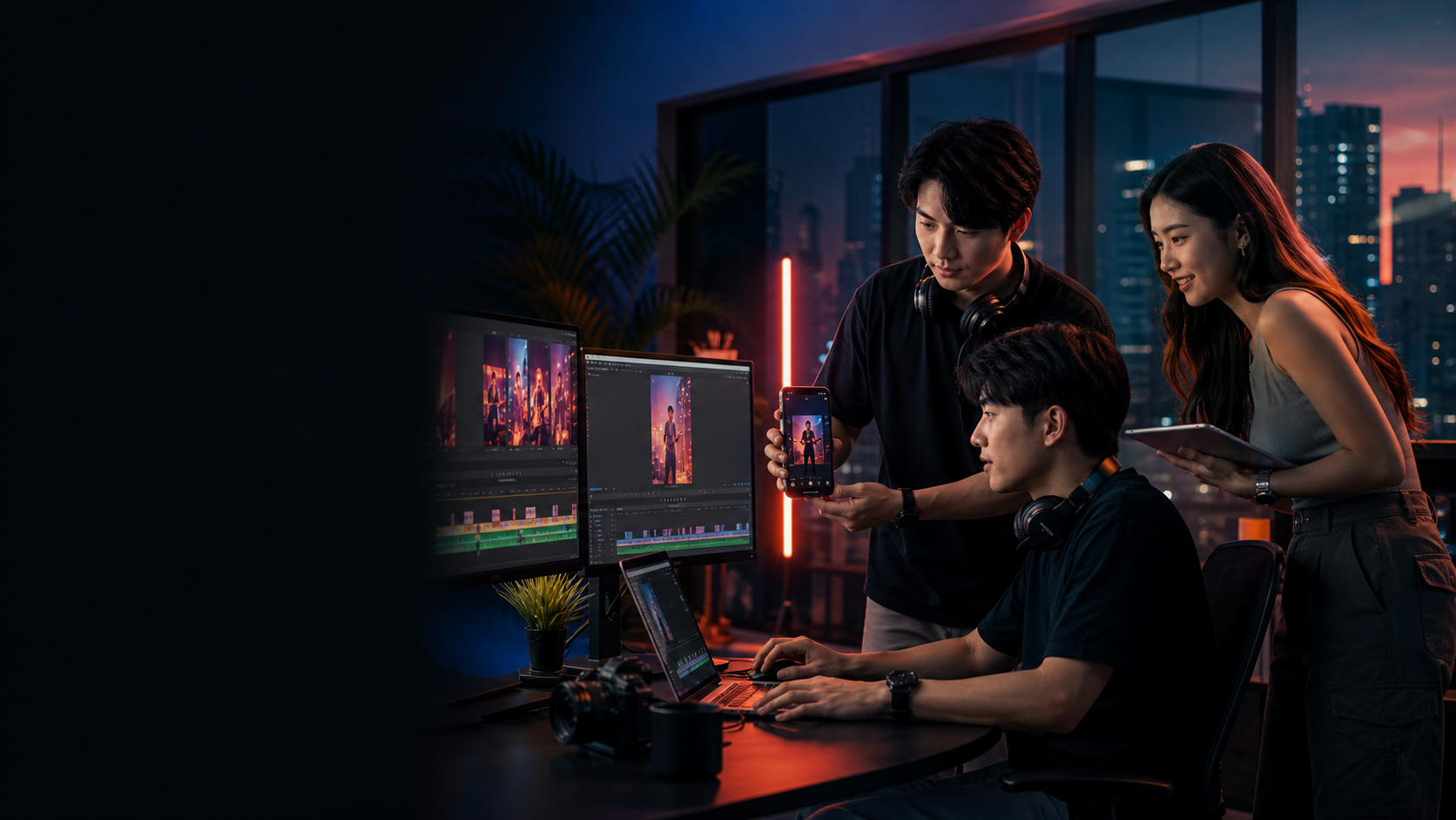 Video editors collaborating in a modern creator studio